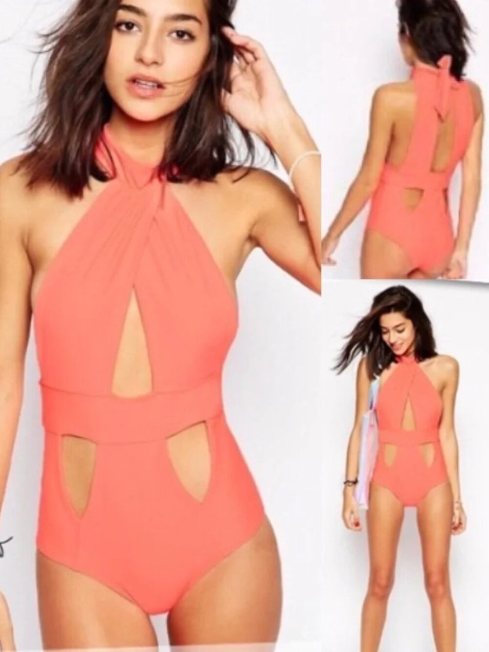 LOLLI Swim Hafa Neon 1 Piece Cut Out Halter Swimsuit ** Size M